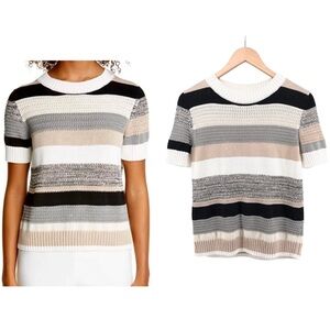 Akris Punto Short Sleeve Knit Sweater Sz 6 Tan Gray Black Cotton Striped Neutral